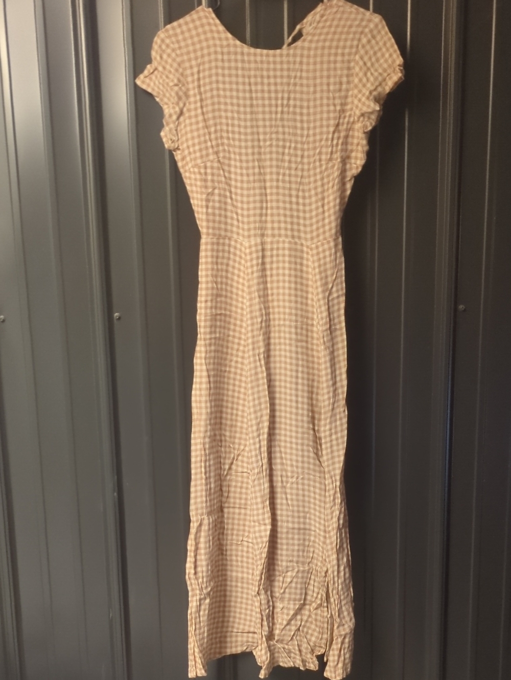Urban Outfitters Beige and White Gingham Maxi Dress with Ruffle Shoulders